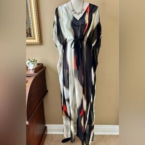 Lenny Niemeyer Abstract Kaftan Maxi Dress Sheer Cover-Up Black Green V-Neck